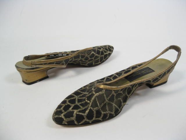 SESTO MEUCCI Gold Black Sheer Fabric Slingbacks Shoes 7  