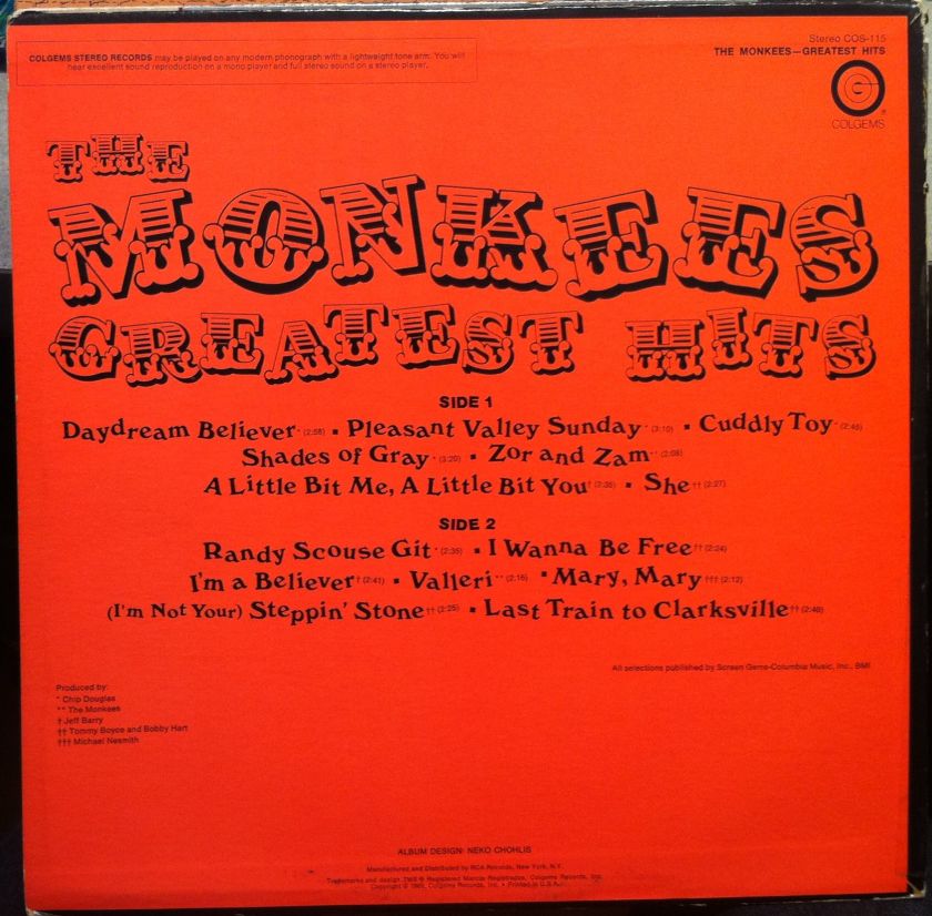 THE MONKEES greatest hits LP VG COS 115 Vinyl 1969 Record  