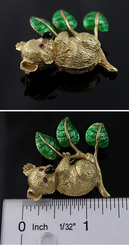 EXCELLENT 18K YELLOW GOLD & ENAMEL REALISTIC KOALA BEAR PIN  