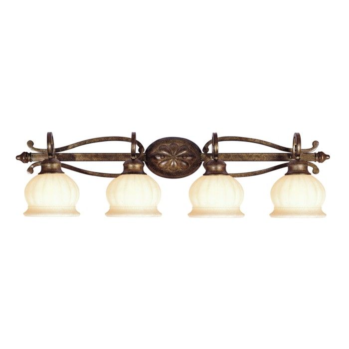   Bathroom Vanity Lighting Fixture, Gold Bronze, Carved Vintage Glass