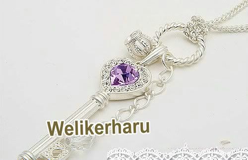 Silver Violet Crystal Love Key Crown Necklace Jewelry  