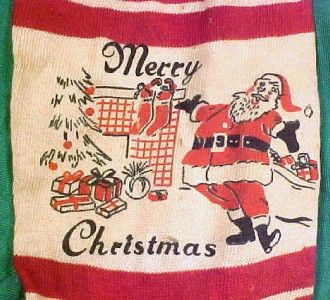   Vintage MERRY CHRISTMAS RED & WHITE STRIPED STOCKING Santa Fireplace