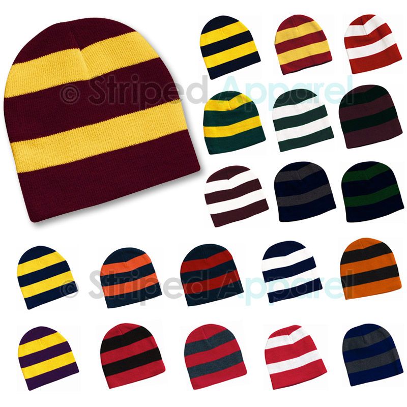 Striped Knit Beanie Rugby Stripes School College Stocking Cap Skull 