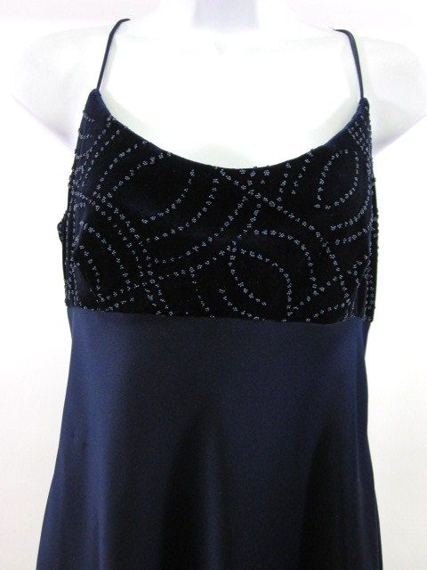 DE LARU Navy Velvet Beaded Long Formal Gown Dress Sz L  