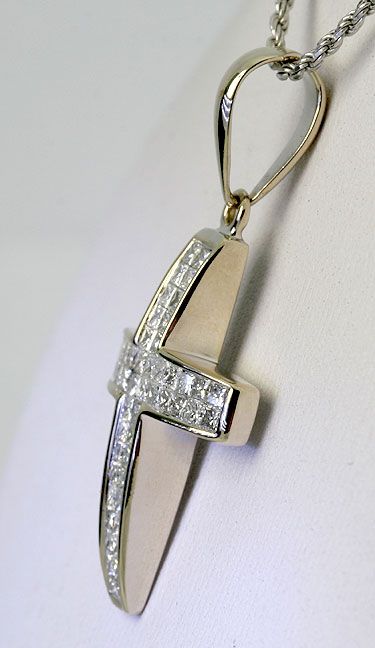   SET PRINCESS DIAMOND 14K WG CROSS PENDANT ROPE CHAIN NECKLACE  