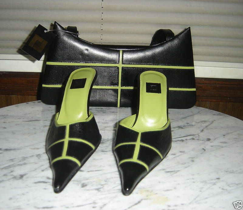 FELLINI MATCHING GREEN & BLACK SHOES & HANDBAG 36 6 NEW  