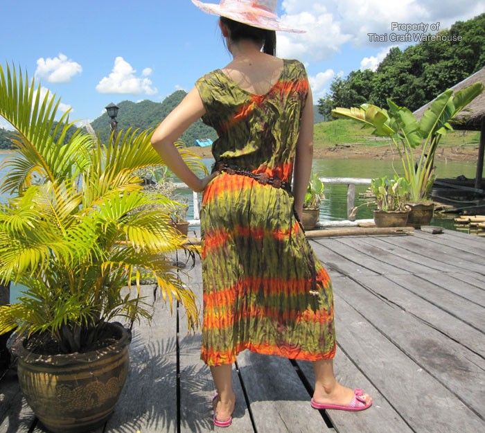 rice fields open collar ladies tiedye summer dress olive green