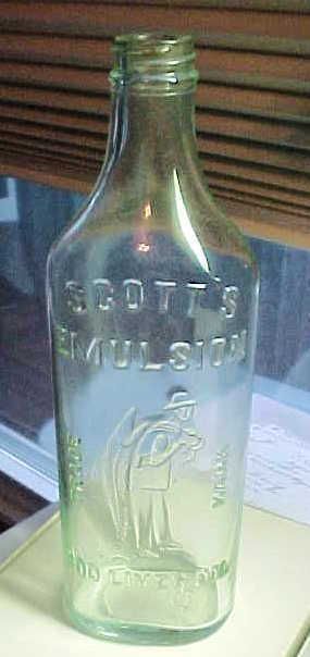 Rare Scotts Emulsion Cod Liver Oil Glass Bottle A man Holding a Fish 