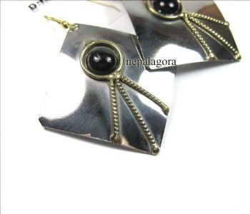 E2371 Black glass stone emboss Boho Gypsy Earrings Indian jewelry Free 