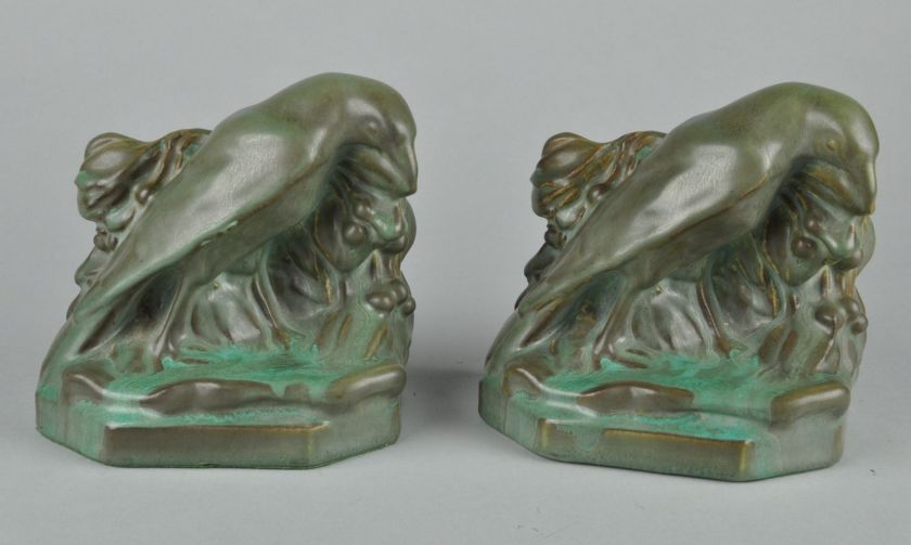 Pair Rookwood Bookends ROOKS in Matte Green (RARE) #2275 1934 William 