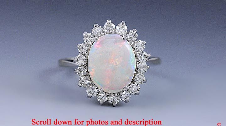 STUNNING 14K WHITE GOLD OPAL & BRILLIANT DIAMOND RING  