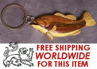 Intarsia Solid Wood Key Ring Animal Fish Bass NEW  