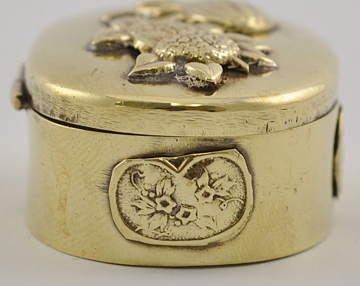Antique Japanese Meiji Brass Small Oval Trinket Box Applied Decoration 