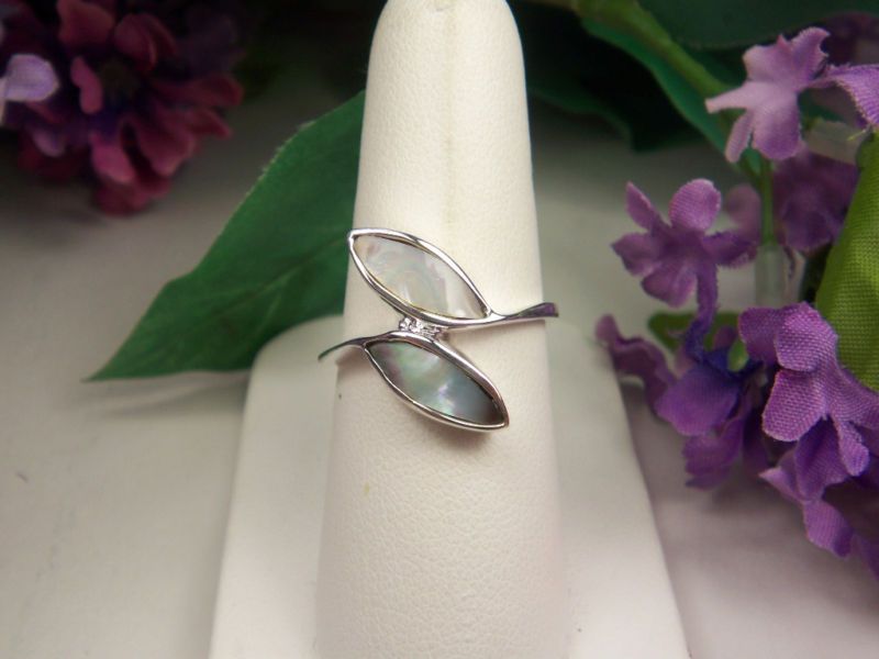 GENUINE ABALONE SHELL BYPASS STERLING SILVER BAND RING  