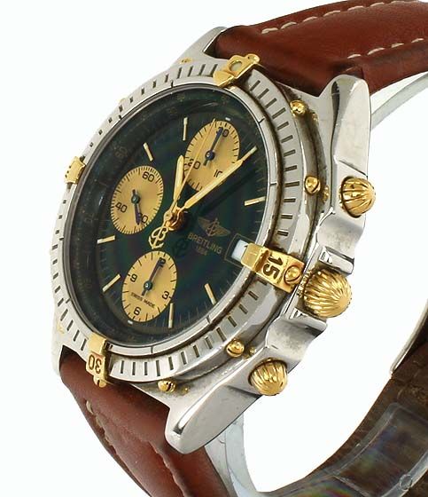 BREITLING CHRONOMAT CHRONOGRAPH 18K/SS GREEN DIAL BROWN LEATHER STRAP 