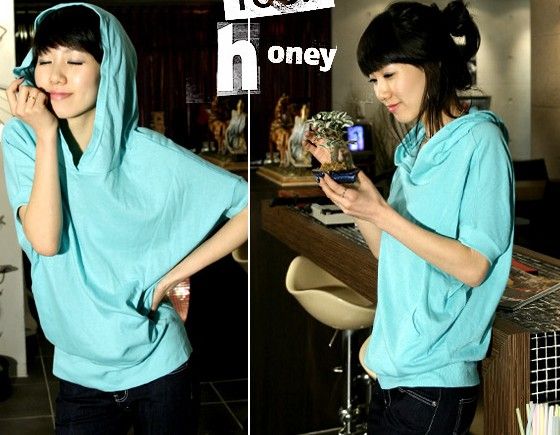 wholesale Korean Hooded Bat Pullover T shirt Blue