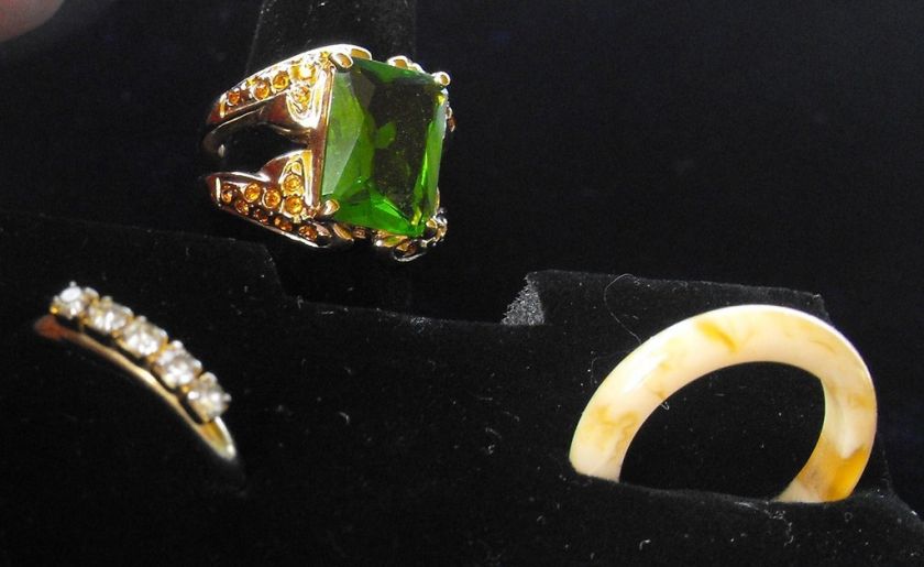 VTG LOT 3 RINGS DINNER RHINESTONE BAND COCKTAIL GREEN  