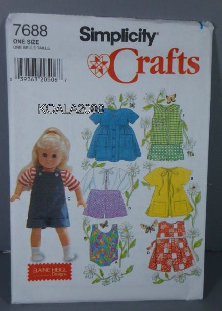 SIMPLICITY 7688 DOLL CLOTHES PATTERN FOR 18 DOLLS 039363205067  