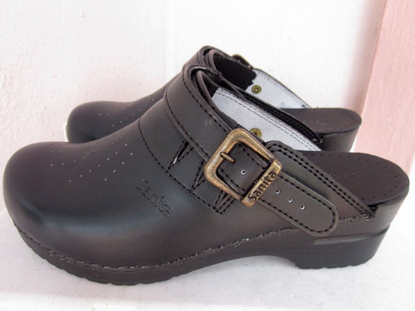 NW SANITA BLACK FELIX LEATHER OPEN BACK STAPLED PROF SHOE CLOG 35 