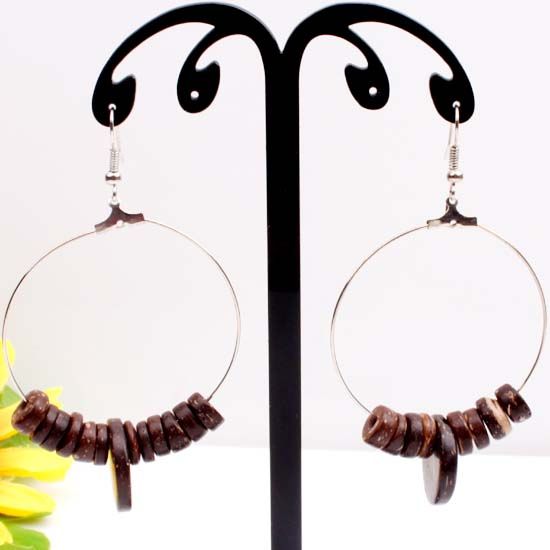 Pretty Brown Coconut Shell Round Beads Hoop Earrings  