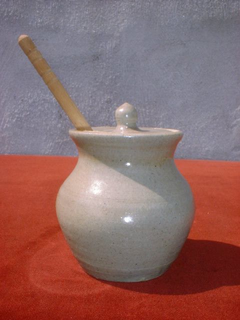 Stoneware Honey Pot with Lid Blue Decorated Bird  