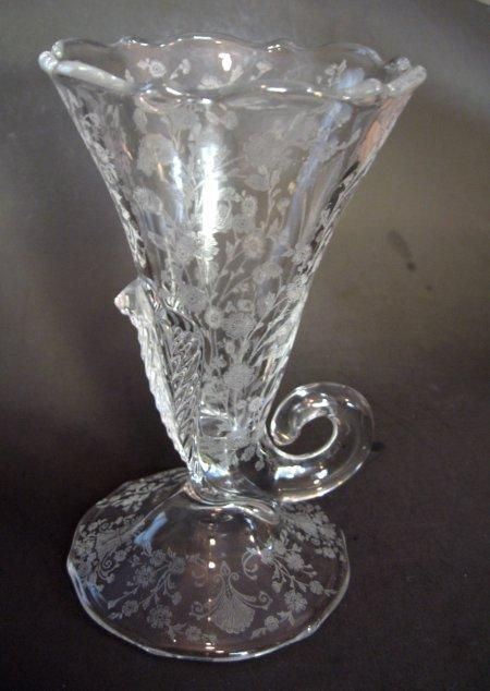 Duncan Miller Glass First Love Etch Deco Cornucopia Vase  