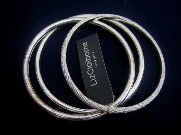 Liz Claiborne Set 3 Silver Tone Bangle Bracelets #1671  