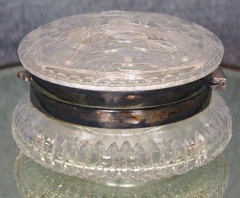 VICTORIAN ROUND CUT GLASS FLORAL ETCHED DRESSER BOX  