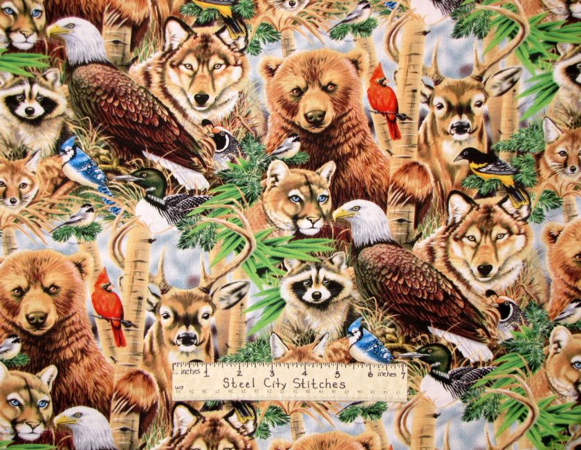   Studio Worlds Wildlife Bear Wolf Eagle Deer Fox Cotton Fabric BTY