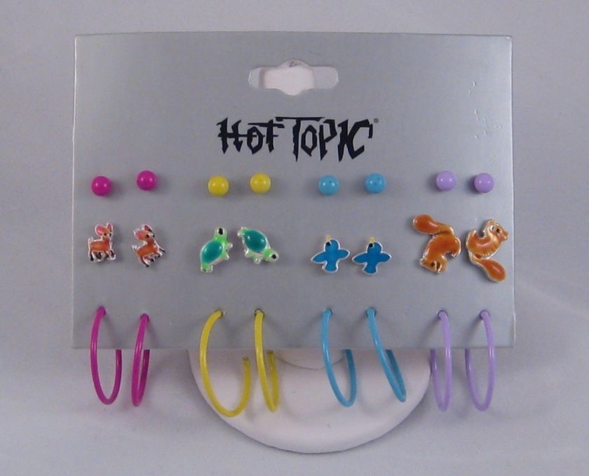 12 PAIR ANIMALS,HOOPS,STUD EARRINGS BY HOT TOPIC #E1052  