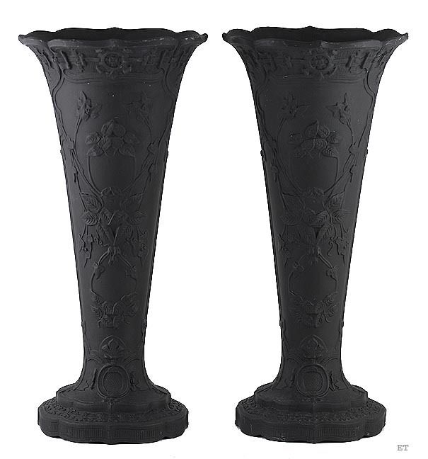 ANTIQUE WEDGWOOD BLACK BASALT FLORAL TRUMPET VASES  