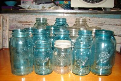 VTG LOT OF 17 ~CANNING JARS BALL/ATLAS/ SOME BLUE/CLEAR  