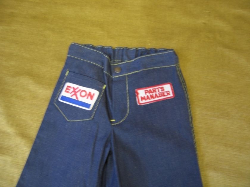 Vtg boys bell bottoms blue jeans pants mechanic Exxon Mobile Oil kids 