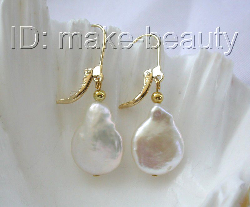   big 17mm baroque white freshwater pearls dangle earrings 14K  