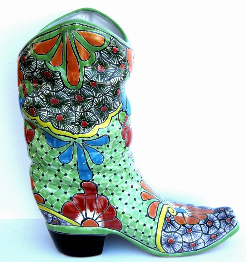 MEXICAN TALAVERA POTTERY COWBOY BOOT SCULPTURE PLANTER LARGE  