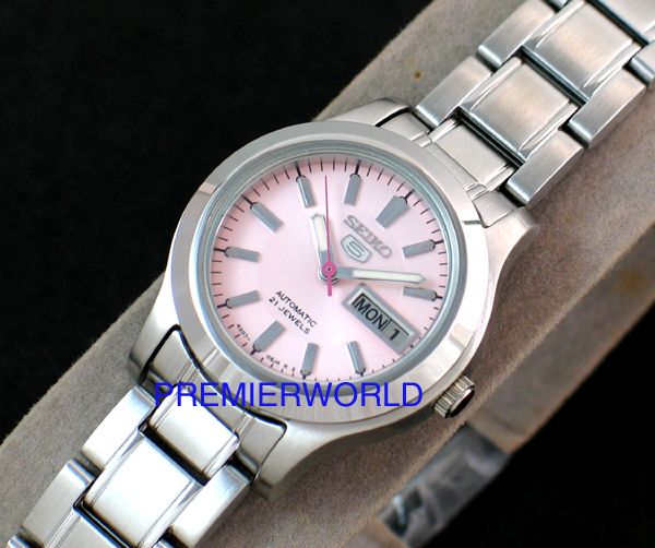 SEIKO 5 LADIES AUTOMATIC STEEL SOFT PINK DAY DATE WATCH SYMD91K1