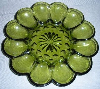 AVOCADO GREEN PATTERN GLASS DEVILED EGG PLATE VINTAGE RETRO SERVING 