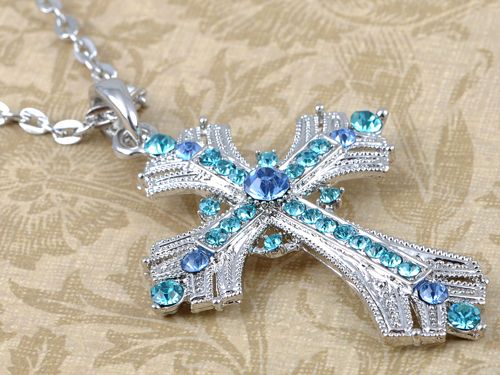   Seawater Blue Sapphire Crystal Rhinestone Holy Cross Necklace Pendant