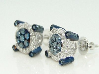 10K MENS LADIES BLUE 3D DIAMOND STUD XL EARRINGS 1.0 CT  