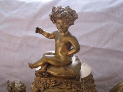   Gilt BRONZE Bacchus Putti Cherub Marble French CLOCK Garniture  