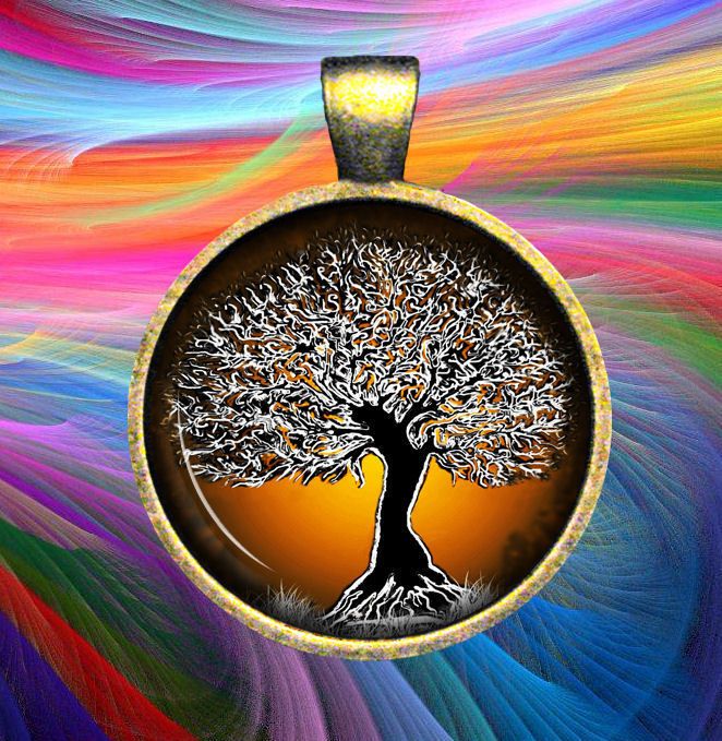 Button Pendant Necklace Jewelry Autumn Fall Tree of Life Brown Chain 