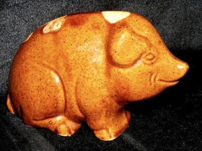 VINTAGE ROSEVILLE ART POTTERY SPOTTED BROWN GLAZE PIG STILL BANK 