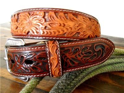 WESTERN HAND TOOLED LEATHER BELT & BUCKLE  