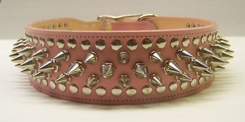   GENUINE LEATHER PINK SPIKED DOG COLLAR PITBULL HIGH QUALITY US MADE