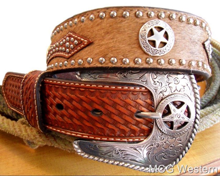   NOCONA MENS GENUINE LEATHER BELT W/STAR CONCHOS & BUCKLE  