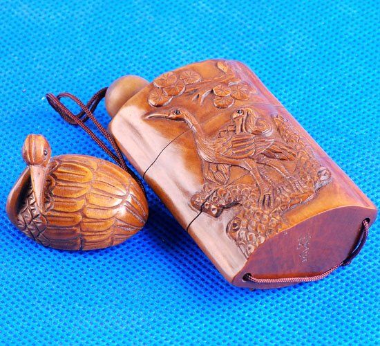 Japanese Carved Wood Boxwood Inro Crane Netsuke Carving  