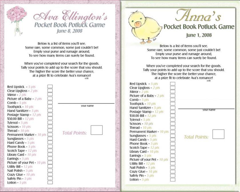 Bridal Baby Shower Pocket Book Potluck Party Game Cards  